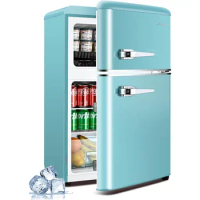 3.2 Cu.Ft Compact Refrigerator Mini Fridge with Freezer, Retro Double Door Small Fridge, 7 Level Thermostat Removable Shelves