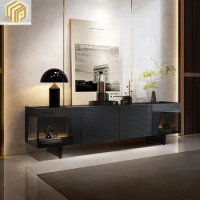 Italian light luxury TV cabinet, villa, large flat living room, black illuminated suspended storage cabinet, high-end rock sensi