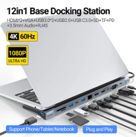 12 In 1 USB-C Docking Station Triple Monitor HDMI1.4 * 2 VGA USB3.0/2.0 RJ45 100M Sd/tf PD TYPE C สำ