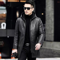 [米蘭精品] 真皮皮衣外套-山羊皮可拆卸水貂毛內裏中長款連帽男外套黑色74ja34