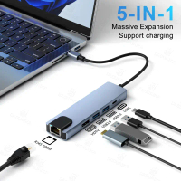 Haber USB‑C 5‑in‑1 อะแดปเตอร์อีเธอร์เน็ต RJ45 100M รองรับ 4K จาก Type‑C 3.1 ไปยัง USB 3.0/USB 2.0 พร