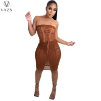 VAZN 2022 Top Quality See Through Lace Young Sexy Club Strapless Sleeveless Cross Bandage Women Skinny Pencil Long Dress