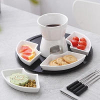White Ceramic Chocolate Fondue Pot with 4 Dishes Forks Porcelain Diy Fondue Serving Set for Cheese, Chocolate, Icecream