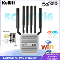 KuWFi Outdoor 5G Router Dual Band Wireless Wi-Fi 6 High Gain Antennas 2.5G LAN Port 2x SIM Card Slot Type-C Port Support 48V POE