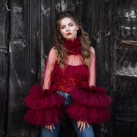 Chic Tulle Tops With Puffy Long Sleeve High Neck Fluffy Women Sexy Burgundy Tulle Blouse See Through Tulle Top Beach Party