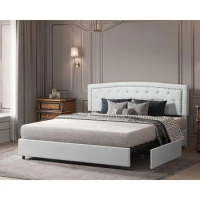 King Size Bed Frame, Frame Sand Color Upholstered Low Profile Traditional Platform with Tufted, Bedroom Bed Frames