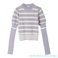 earth music  橫條紋/素面泡泡袖合身套頭針織衫-附袖套