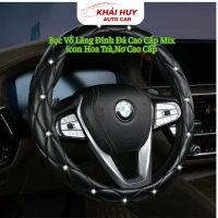 Bọc Vô Lăng Đính Đá Cao Cấp Mix icon Hoa Trà,Nơ Cao Cấp Kích Thước 38cm