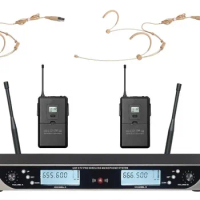 UHF Microfono 200 Channels UHF Dual Wireless Beige Headset Microphone System
