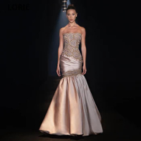 LORIE Satin Evening Dresses Vestidos De Fiesta Sleeveless Strapless Crystals Party Dresses Formal Gowns Mermaid Evening Gowns