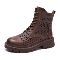 【Vecchio】真皮馬丁靴 縷空馬丁靴/全真皮頭層牛皮縷空星星繫帶造型馬丁靴(棕)