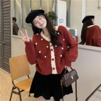 Kimotimo Beautiful Sweater Cardigan 2023 Spring Autumn Women Red V-neck Sweet Gentle 3D Design Sense Loose Lazy Knitted Coat