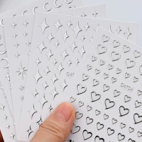 1 Sheet 3D Star Love Heart Nail Stickers Mirror Silver Metal Liquid Sticker Decals Self-adhesive Moon Starlight Manicure Sliders