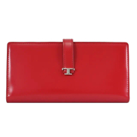 【TOD’S】TODS T Timeless 金屬T LOGO小牛皮扣式零錢長夾(紅/黑)