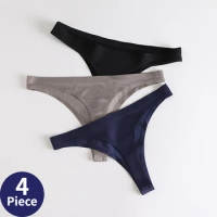 4Pcs/Set Sexy Thongs Women's Ice Silk Panties Underwear Seamless Solid G-String Thongs Low Waist Female Lingerie Tanga 4 Pieces