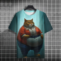 Corak kucing gemuk yang lucu, baju T-shirt leher bulat bercetak 3D, pakaian haiwan baharu untuk lela