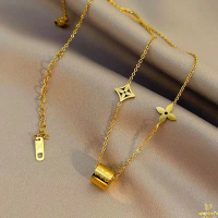 K217 Kalung TITANIUM Wanita Rantai Nori Zircon Bunga Liontin Bentuk Tabung Mini Elegant Emas Perhias