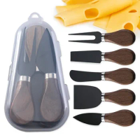 5-piece Portable 420 Stainless Steel Cheese Knife Set Boxed Walnut Handle Cheese Knife Fork Butter Knife