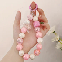 Mobile Lanyard Pink Cat Claw Bead Bow Mobile Universal Chain Key with Cat Palm Pendant Wrist Chain Cute Phone Charm Cute Sling