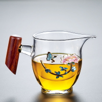 唐豐玻璃公道杯家用功夫茶分茶器花梨實木側把貪心杯大容量裝茶器