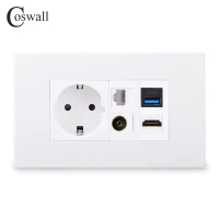 Coswall Pc Panel Eu Wall Power Socket + Tv & Cat6 Rj45