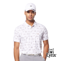 【Lynx Golf】男款吸溼排汗機能滿版觀光景點圖樣繡花胸袋款短袖POLO衫/高爾夫球衫-白色