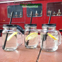 450ml Mason Jar Mugs with Handles Old Fashioned Drinking Glass Clear Mason Glass Mug With Cover and Straw Drinkware Cup