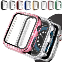 2Pcs Glass+Cover for Apple Watch Series 9/8/7 41mm 45mm Diamond Bumper Screen Protector for iWatch SE/654321 38mm 40mm 44mm Case