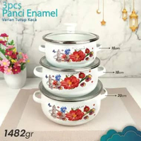 SKY - Panci Enamel Set 3pcs Tutup Kaca Masak Sup Soup Motif Bunga Cantik Lucu Tutup Kaca