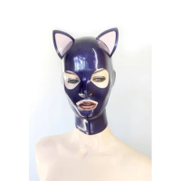 Unisex Purple Latex Hood Cat Ear Rubber Catsuit Bodysuit Hood Cosplay Mask
