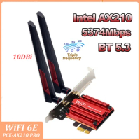 10DB Antennas WIFI 6E PCIE Adapter Intel AX210 Bluetooth 5.3 Wireless 5374Mbps 2 In 1 Tri band 2.4G 5Ghz 6Ghz WifI 6 Card For PC