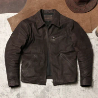 1930 Lapel Slim-fit Leather Leather Jacket Batik Uncoated Ground Goatskin Coat Washed Retro Old Leather Jacket
