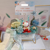 【喜滋滋花藝】開幕花禮-招財貓永生花盆花-文青藍綠(開幕誌慶/升遷/喬遷/新居賀禮/開幕盆栽 祝賀首選)