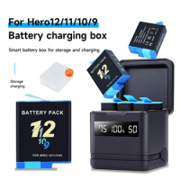 For GoPro Hero 12 11 10 9 2000 mAh Battery + LCD 3-Slots Charger Box with Type-C Port TF Card Reader For GoPro Hero Accessories