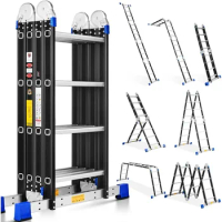 Step Ladder, Extra Wide Bryner Ladder 7 in 1 Multi-Purpose Aluminium Extension Ladder, Folding Adjustable Telescoping Ladder