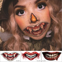 Halloween Tattoo Sticker Face Mouth Teeth Scar Bloody Fake Tattoos Party Waterproof Temporary Tatoo for Men Women Funny Makeup