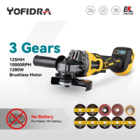 Yofidra 125mm Brushless Electric Angle Grinder Cordless Polishing Machine Woodworking Cutting Tool For Makita 18V Battery