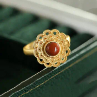 S925 Sterling Silver Southern Red Agate Ring Atmospheric Hollow Gold Flower Ring Ornament for Women