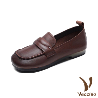 【Vecchio】真皮樂福鞋 寬楦樂福鞋/全真皮頭層牛皮舒適寬楦方頭休閒樂福鞋(棕)
