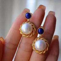 1pcs/lot Selected vintage aurora bread pearl lapis lazuli drop earrings Sterling silver plated 18k gold craftsmanship exquisite