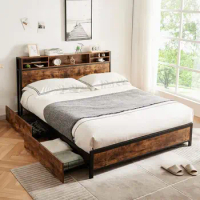 Queen Bed Frame with Bookcase Headboard and 4 Storage Drawers, Metal Platform Bed Frame Queen Size, Mattress Foundation