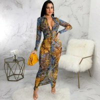 COZOK 2022 New Luxury Designer Young Sexy Retro See Through Open Stitch Full Sleeve Women High Waist Long Pencil Dress