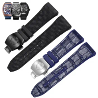 28mm Top Quality Nylon Cowhide Silicone Black and Blue Watchbands For Franck Muller V45 Series Watch Folding Buckle Watch Straps