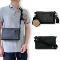 【COACH】男生 側背包 黑灰經典緹花LOGO PVC防刮牛皮 男款 二合一 附可拆式零錢包 斜背包(CW372)
