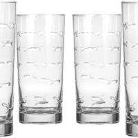 Highball Glass 15 ounce - Set of 4 Cooler Glasses – Lead-Free Glass - Etched Drinking Glass with Heavy Base