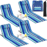 4 Pcs Beach Lounge Chair with 2 Pack Folding Tables Portable Adjustable Beach Chair Lightweight Reclining Lounge Beach Chair