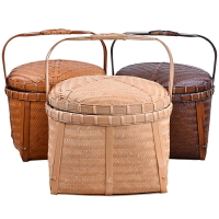手工竹編籃竹筐籮筐手提籃茶道收納籃子帶蓋食盒竹簍復古竹籃