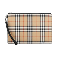 BURBERRY 巴寶莉  EDIN內燙銀LOGO格紋設計PVC男士拉鍊手拿包(典藏米)