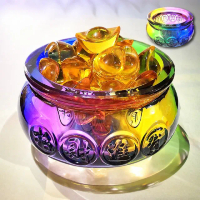 【財神到】招財風水七彩琉璃聚寶盆-附元寶(事業 開運 人脈 小香爐座 招財 金元寶 風水 開業禮物 水晶)
