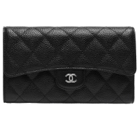 CHANEL香奈兒 經典銀色雙C LOGO菱格粒紋牛皮暗釦長夾(黑色)